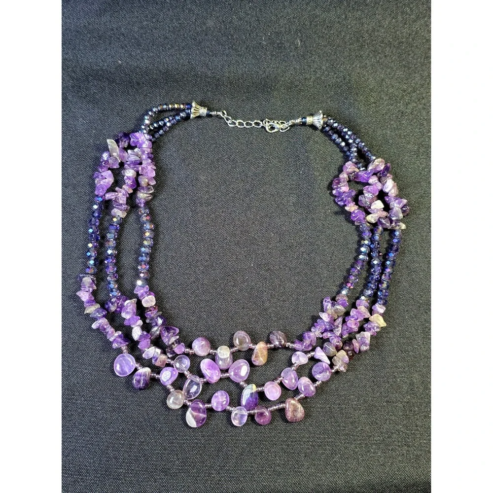 Multi Strand Purple Amethyst Chip Gemstone Necklace Statement Choker‎